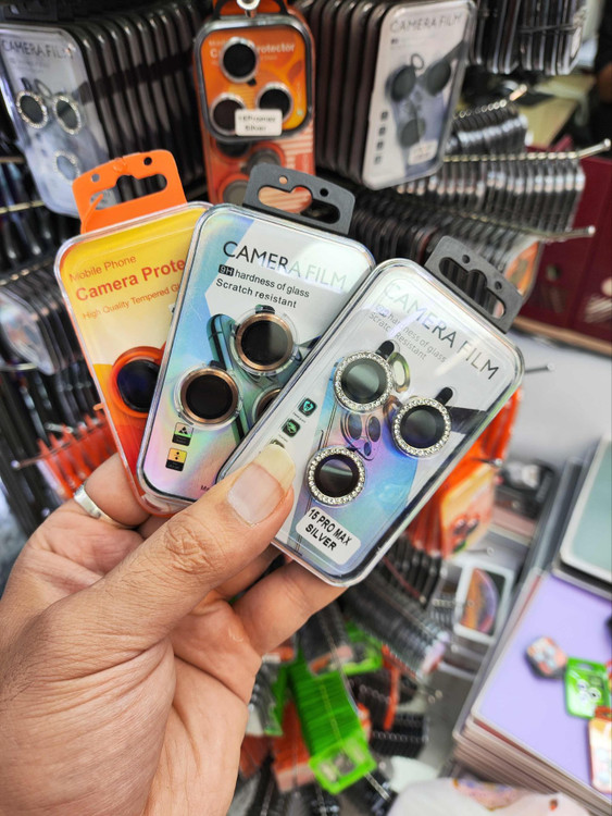 گلس لنز نگین دار و محافظ دوربین اپل مناسب آیفون 13/14/15 پرومکس مدل الماسی