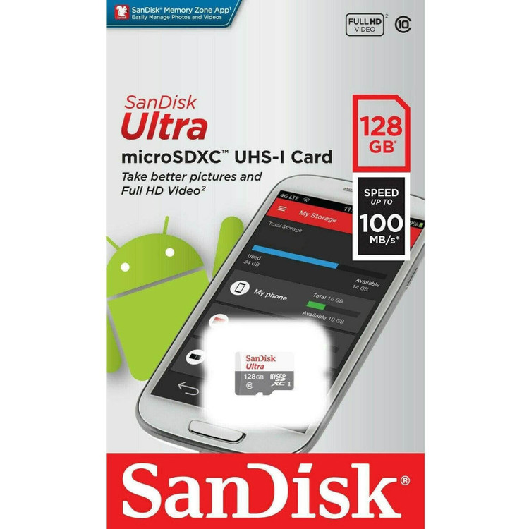 کارت حافظه 128 گیگابایت SanDisk مدلMicroSD Ultra U1 کلاس 10 سرعت 100 مگابایت بر ثانیه